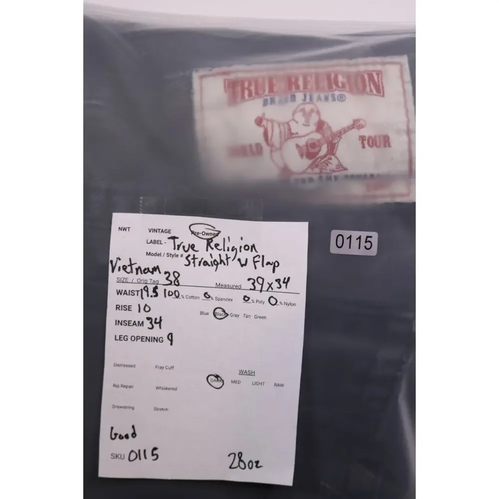 True Religion Straight Leg with Flaps Distressed Men's Jeans - 39W x 34L - Black